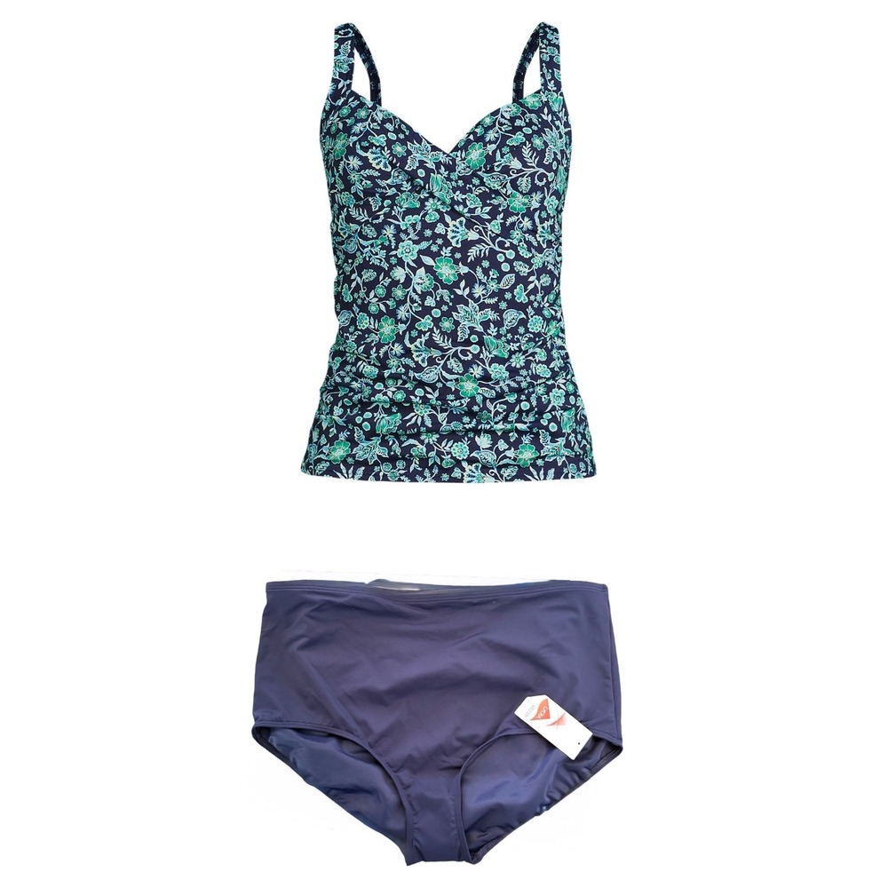 Women's Floral Tankini Swimsuit Navy Blue Green Floral Print Swim Top Bottom 22W